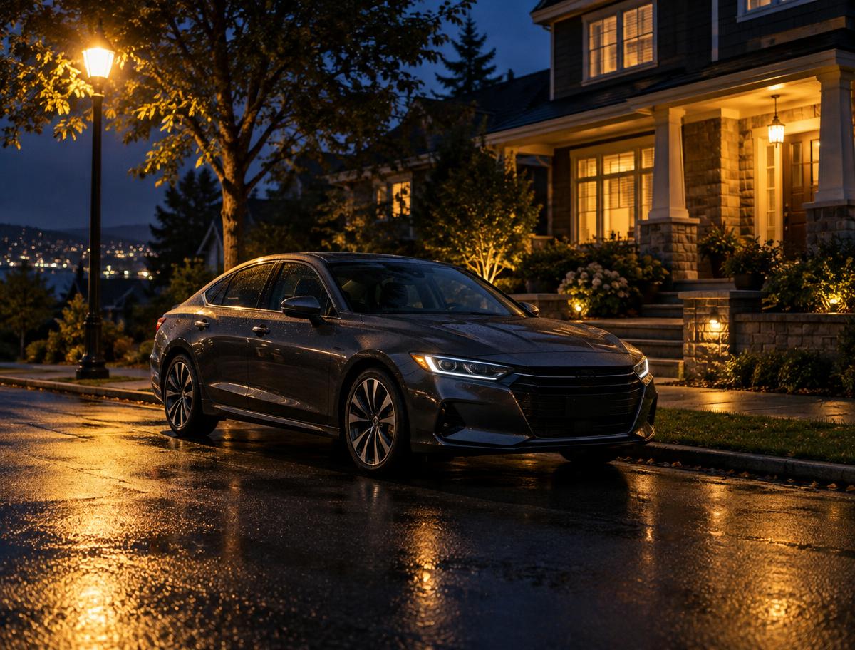 A car parked outside a Texas home on a quiet street at night