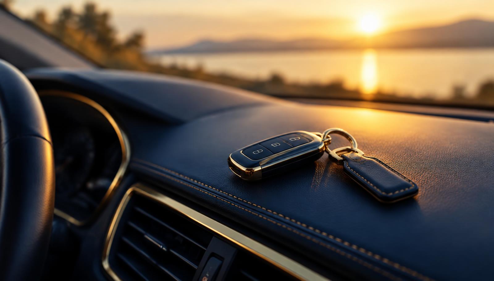Car keys resting on a dashboard at sunset