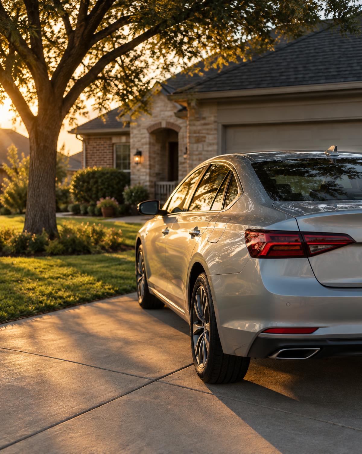 Silver family sedan parked in a Texas driveway at sunset