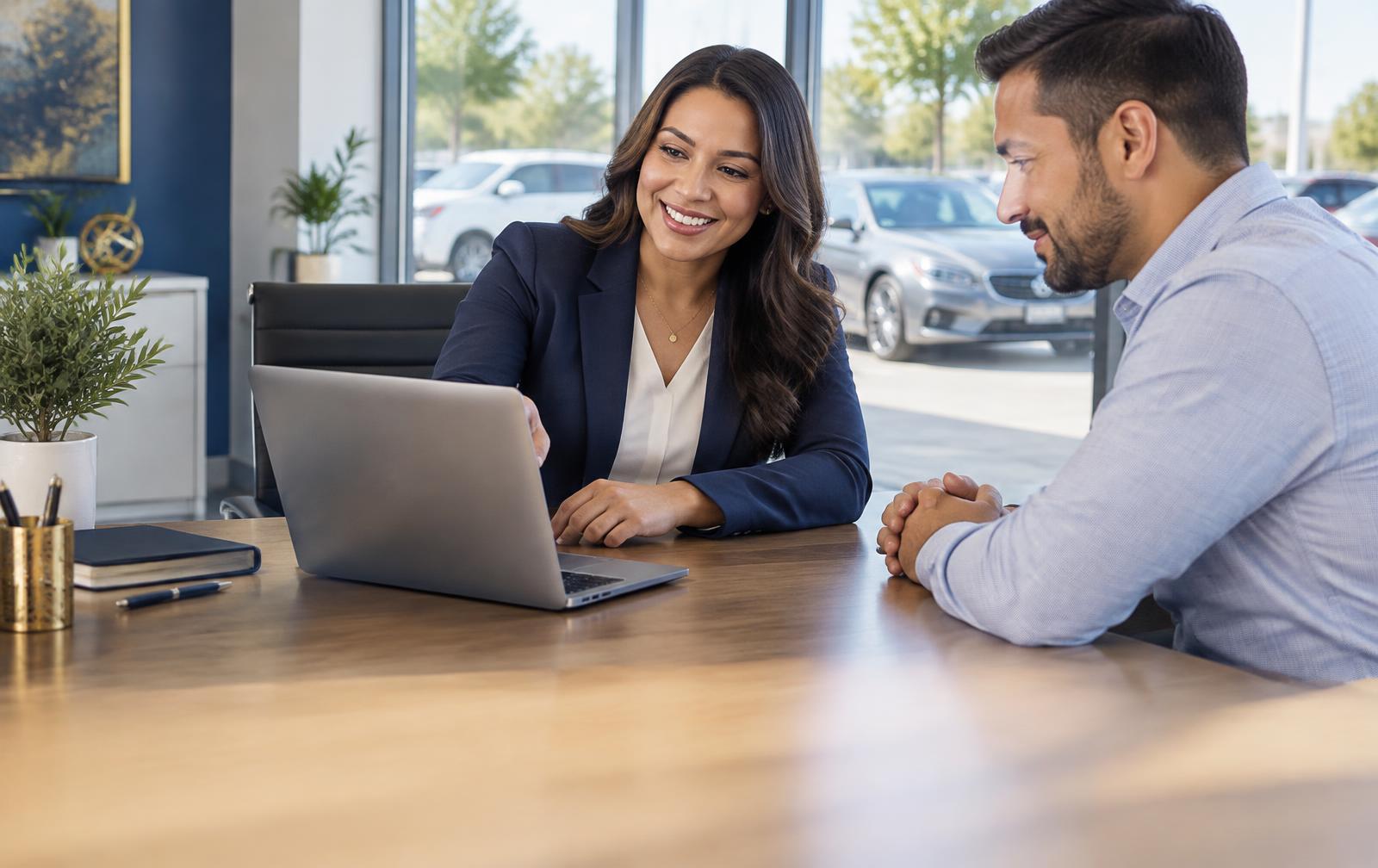 Illustrative photo of an insurance advisor helping a driver compare coverage on a laptop